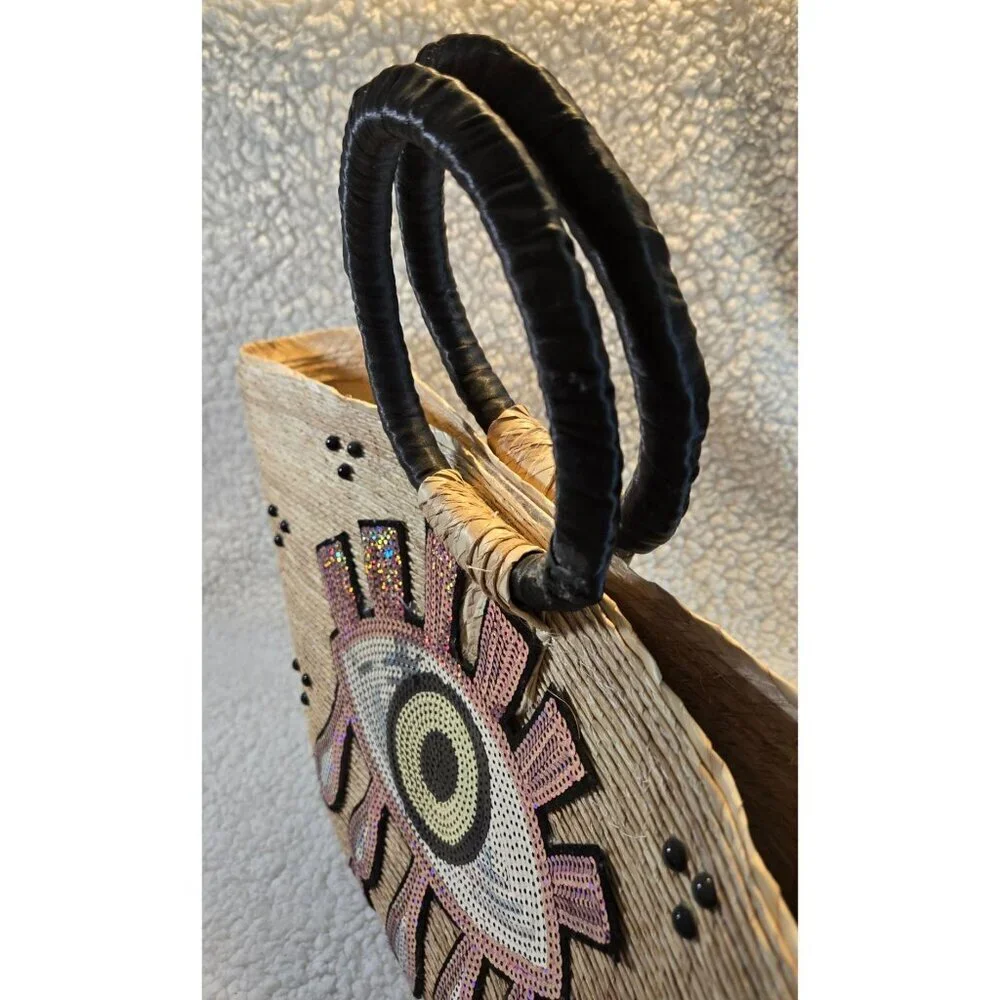 Vintage Handcrafted Straw "Evil Eye" Purple Sequin Beach Tote Purs - Picture 12 of 16